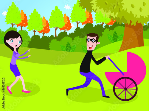 Kidnapper vector concept: Kidnapper pushing baby on the stroller in the park while the mother chasing him 