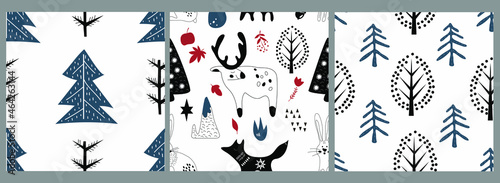 Vector set. Seamless pattern.  Various animals and natural elements in the Scandinavian style. 