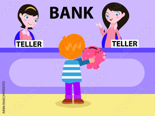Savings vector concept: Little boy saving his pocket money on the bank while holding piggy bank