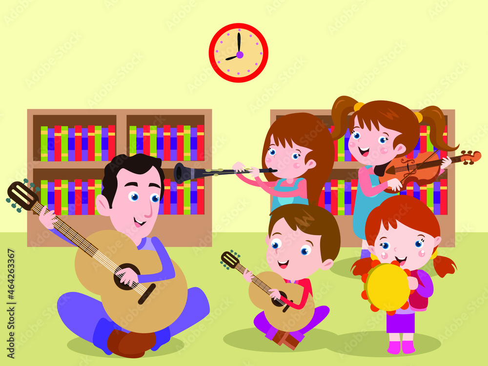 Learning music vector concept: Male teacher and group of students ...