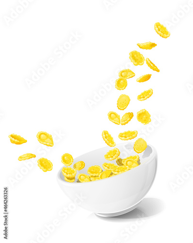 Cornflakes in ceramic bowl. Traditional dry corn flakes breakfast food, Isolated on white background. Vector illustration.