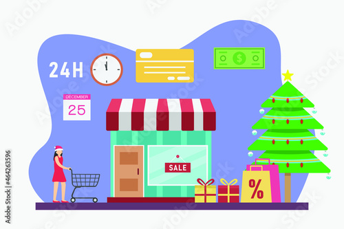 Christmas sale vector concept: Young woman shopping christmas things in the store while pushing shopping cart 