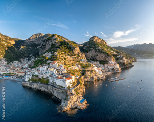 Aerial view of the Amalfi Coast with the towns Amalfi and Atrani, Province of Salerno, Italy