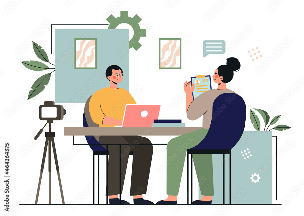 Man in interview. HR girl checks employees before hiring. Search for employees in company. Applicant found job, candidate for vacancy. Cartoon flat vector illustration isolated on white background