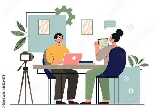 Man in interview. HR girl checks employees before hiring. Search for employees in company. Applicant found job, candidate for vacancy. Cartoon flat vector illustration isolated on white background © Rudzhan