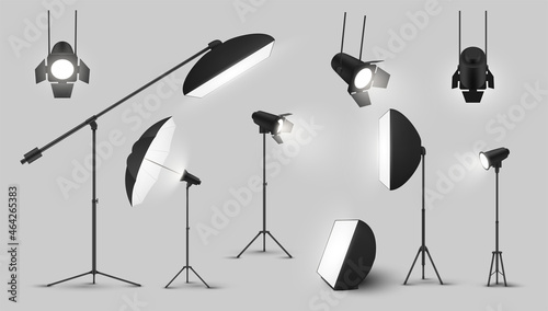 Realistic spotlight set vector illustration light electric equipment for professional shooting
