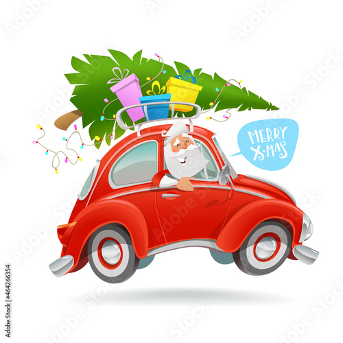 Modern cartoon Santa Claus ride by car with gift boxes and Christmas tree on top - isolated vector . Merry Christmas character driving red car on white background