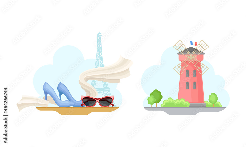 Paris symbols set. Eiffel Tower, fashion, ancient windmill French signs vector illustration