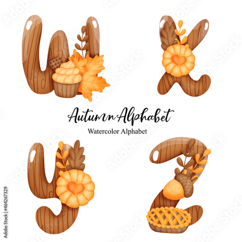 Autumn alphabet , Watercolor autumn letter with pumpkin