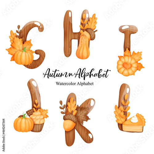 Autumn alphabet , Watercolor autumn letter with pumpkin