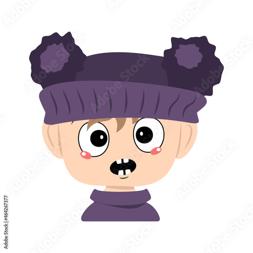 Child with emotions panic, surprised face, shocked eyes in violet hat with a pom pom. Head of toddler with scared expression