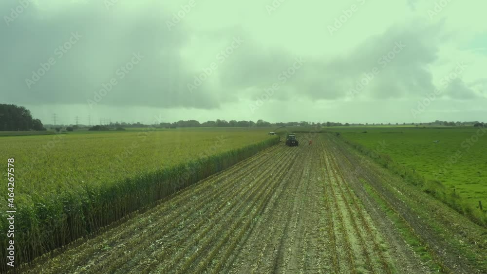 Traktor und Maishäcksler während der Maisernte mit der Drohne gefilmt Agriculture 4.0