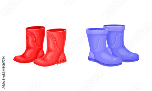 Pair of Red and Blue Rubber Boots for Walking Outside in Rainy Weather Vector Set