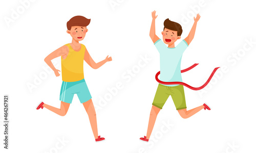 Young Man in Sportswear Running Marathon Vector Set