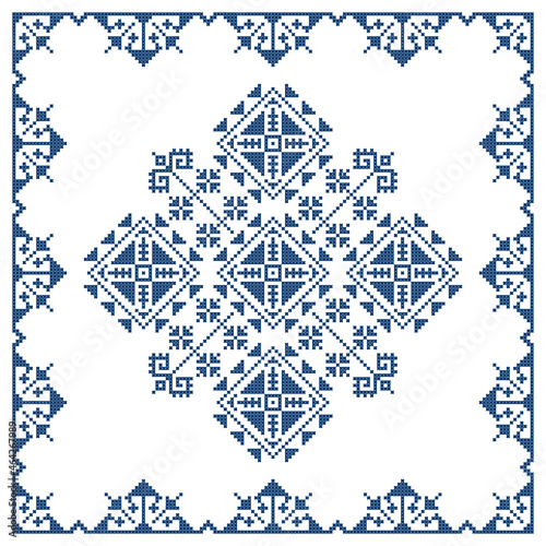 Bosnia and Herzegovina traditional Zmijanje embroidery folk art vector pattern, geometric design with frame in navy blue on white
