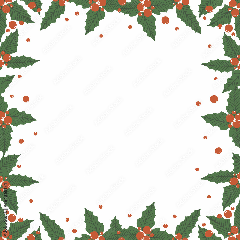 Frame from holly leaves and berries isolated on white background with space for text. Vector illustration for Christmas holiday in cartoon style Frame from holly leaves and berries isolated on white background with space for text. Vector illustration for Christmas holiday in cartoon style