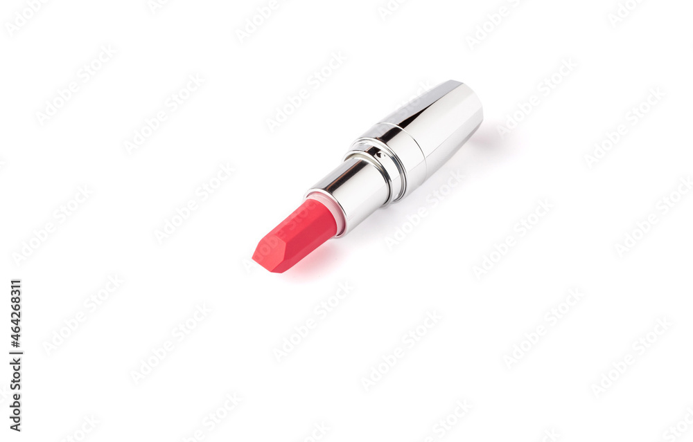 Red lipstick isolated on white background with copy space. Red lipstick in metallic shining case close up. makeup product macro Red lipstick isolated on white background with copy space. Red lipstick in metallic shining case close up. makeup product macro