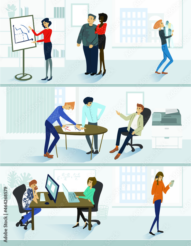 People are working in a busy office. IT company or financial department. Image shows different work processes and friendly environment. People are working in a busy office. IT company or financial department. Image shows different work processes and friendly environment.
