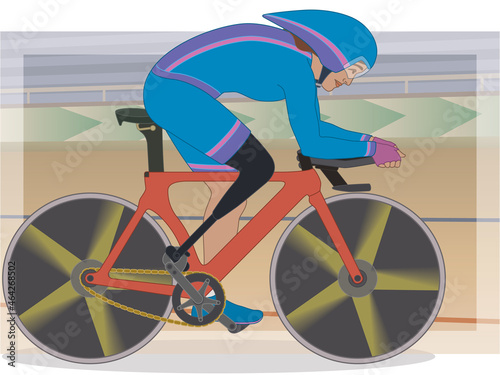 para sports paralympic race cycling, physical disabled female athlete amputee cyclist, two-wheeler on track with indoor background