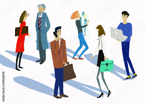 Set of people of different age and jobs, which could be working together in one company. Casual style and variety personalities. 