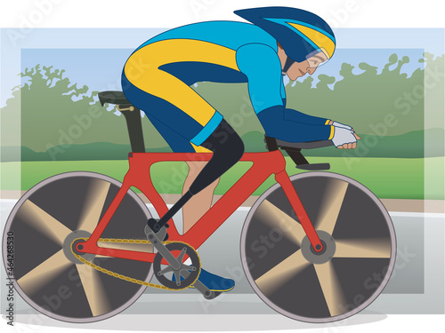 para sports paralympic race cycling, physical disabled male athlete amputee cyclist, two-wheeler on road with outdoor background