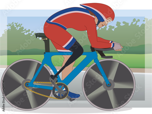 para sports paralympic race cycling, physical disabled female athlete amputee cyclist, two-wheeler on road with outdoor background