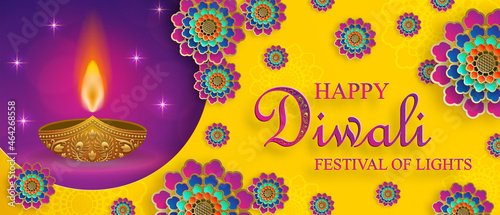 Diwali, Deepavali or Dipavali, the indian festival of lights on blue color background