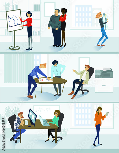 People are working in a busy office. IT company or financial department. Image shows different work processes and friendly environment. 