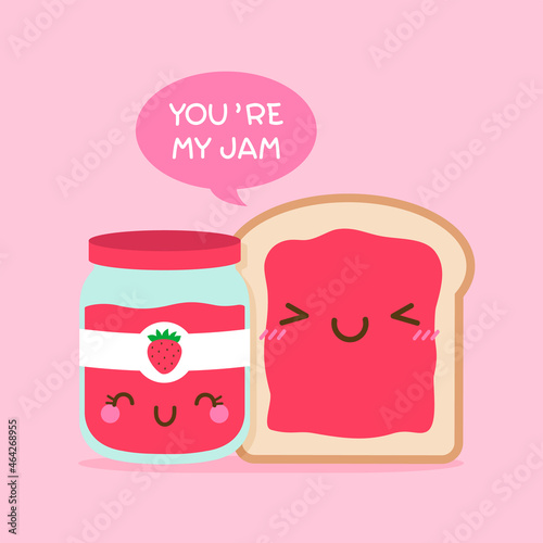 Cute bread and jam illustration with quote “you’re my jam” for  valentine’s day card designใ