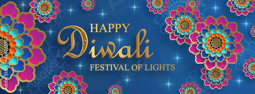 Diwali, Deepavali or Dipavali, the indian festival of lights on blue color background