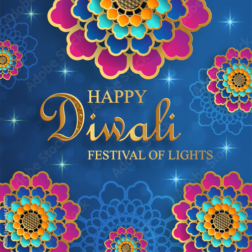 Diwali, Deepavali or Dipavali, the indian festival of lights on blue color background