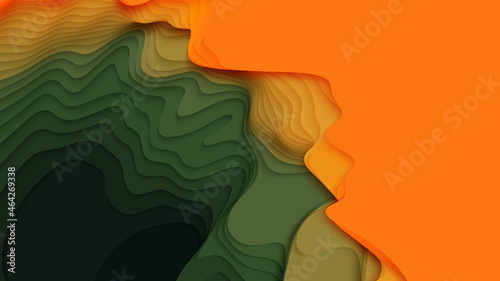 Green to orange paper layers. 3D abstract gradient papercut. Colorful origami shape concept