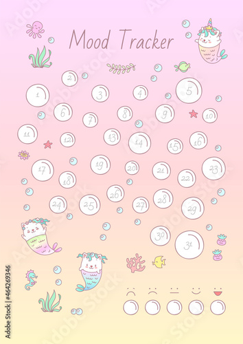 Cute Mood Tracker. Printable mood tracker decorated with little mermaid kittens and sea creatures. Vector 10 ESP.