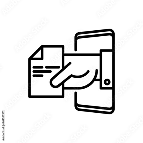 Online medical sheet, prescription thin line icon: hand with recipe from smartphone. Modern vector illustration.
