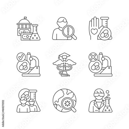 Clinical study linear icons set. Evaluating new drugs and treatments. Government funding. MAMS trials. Customizable thin line contour symbols. Isolated vector outline illustrations. Editable stroke