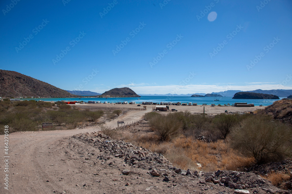 amazing place, sea view, ocean view, desert, many islands cool camper, campers sea view with blue sky, free camping, mexico, baja california