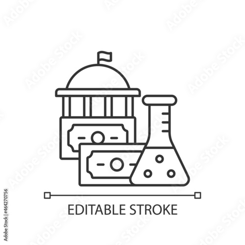 Government funding of research linear icon. Government grants. Investment in scientific research. Thin line customizable illustration. Contour symbol. Vector isolated outline drawing. Editable stroke
