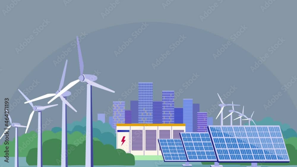 Renewable energy. Moving wind turbines and solar panels produce electricity. Alternative energy sources. Modern city day and night. Animated cartoon in high resolution on light background