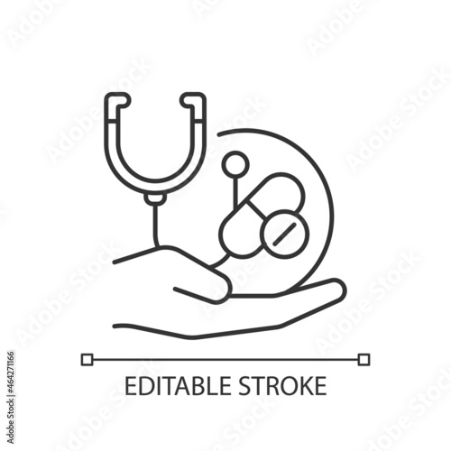 Improving treatment linear icon. New drug development. Improve standard of healthcare. Thin line customizable illustration. Contour symbol. Vector isolated outline drawing. Editable stroke