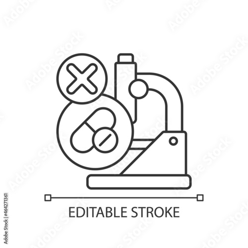 Failed research linear icon. Setback in clinical trial. Improper dose selection. Lack of efficacy. Thin line customizable illustration. Contour symbol. Vector isolated outline drawing. Editable stroke
