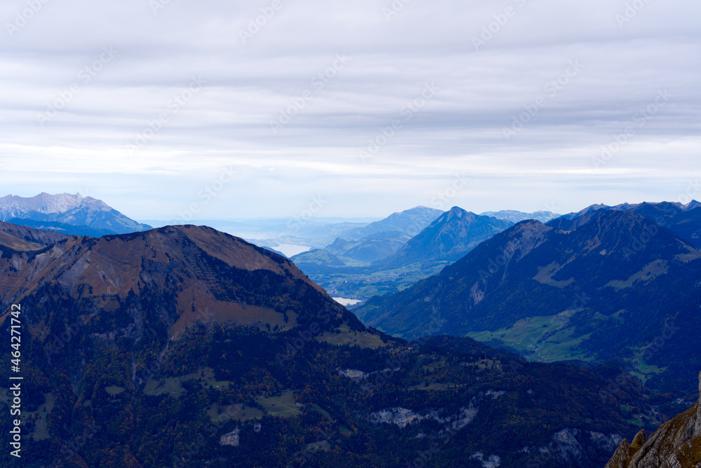 Panoramic view over Central Switzerland on a cloudy autumn day seen from Axalp at Bernese Highlands. Photo taken October 19th, 2021, Brienz, Switzerland.