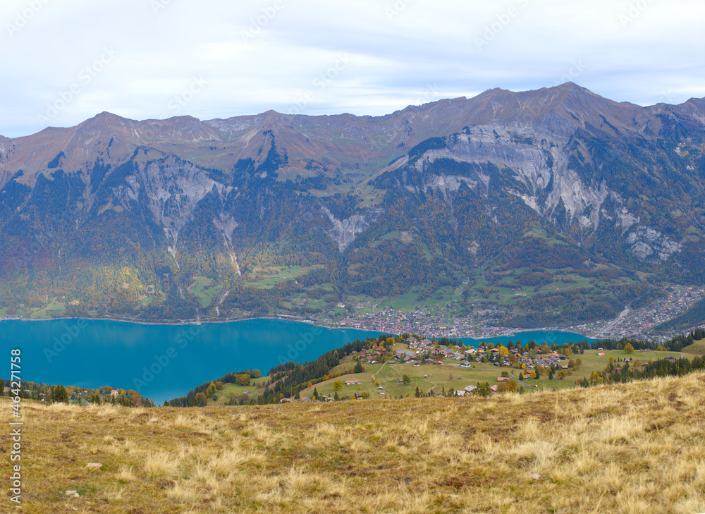 Panoramic view over lake Brienz on a cloudy autumn day seen from Axalp at Bernese Highlands. Photo taken October 19th, 2021, Brienz, Switzerland.