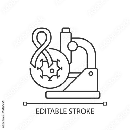 Cancer clinical trials linear icon. Development in cancer treatment. Medical oncology. Thin line customizable illustration. Contour symbol. Vector isolated outline drawing. Editable stroke