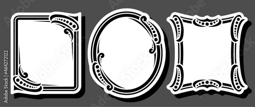 Vector set of decorative Frames, collection of 3 cut out vintage tags with black elegant illustrations and white copy space, three calligraphic frames for presentation with shadow on gray background.
