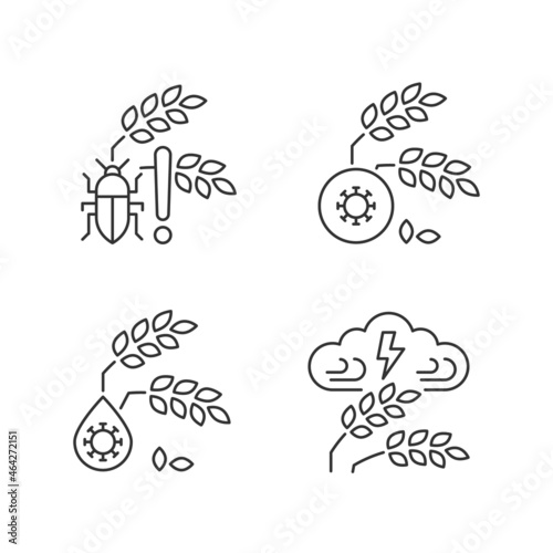 Crop loss reasons linear icons set. Pests danger. Crop diseases. Adverse weather and climate changes. Customizable thin line contour symbols. Isolated vector outline illustrations. Editable stroke