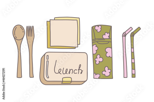 Go green hand drawn set of food container, spoon, fork and metal straw in color, eco style, no plastic, farmer market concept. Ecology friendly shopping. Vector illustration