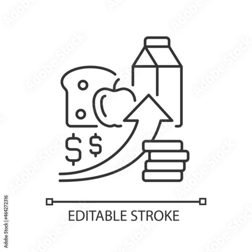 Increasing food prices linear icon. Price inflation. Food insecurity and hunger reason. Thin line customizable illustration. Contour symbol. Vector isolated outline drawing. Editable stroke