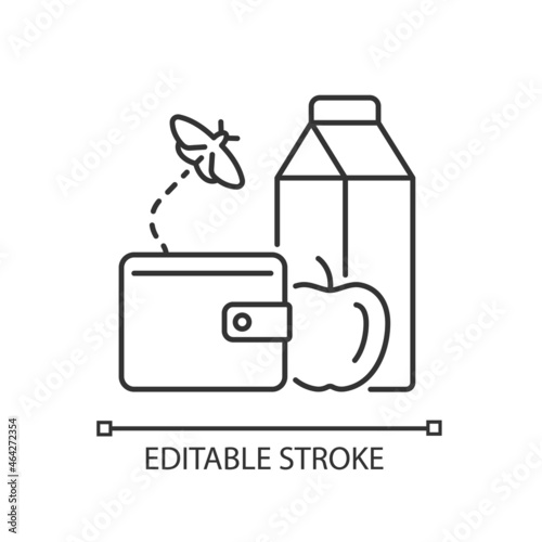 No money for food linear icon. Poverty and hunger. Lack of nutrition. Can not afford meal. Thin line customizable illustration. Contour symbol. Vector isolated outline drawing. Editable stroke