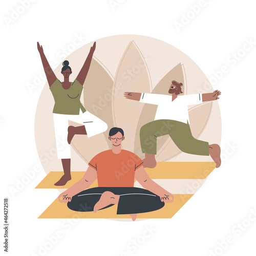 Yoga school abstract concept vector illustration. Yoga and fitness studio, meditation practice school, certified instructor, class level, buy subscription online, vipassana abstract metaphor.
