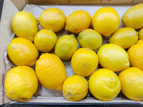 Fresh sicilian lemon in the counter shop in supermarket, Citrus limon